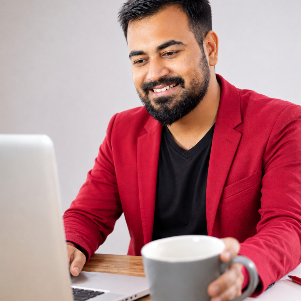 A smiling young businessman in a red blazer working on a laptop while holding a grey coffee mug at a wooden desk.